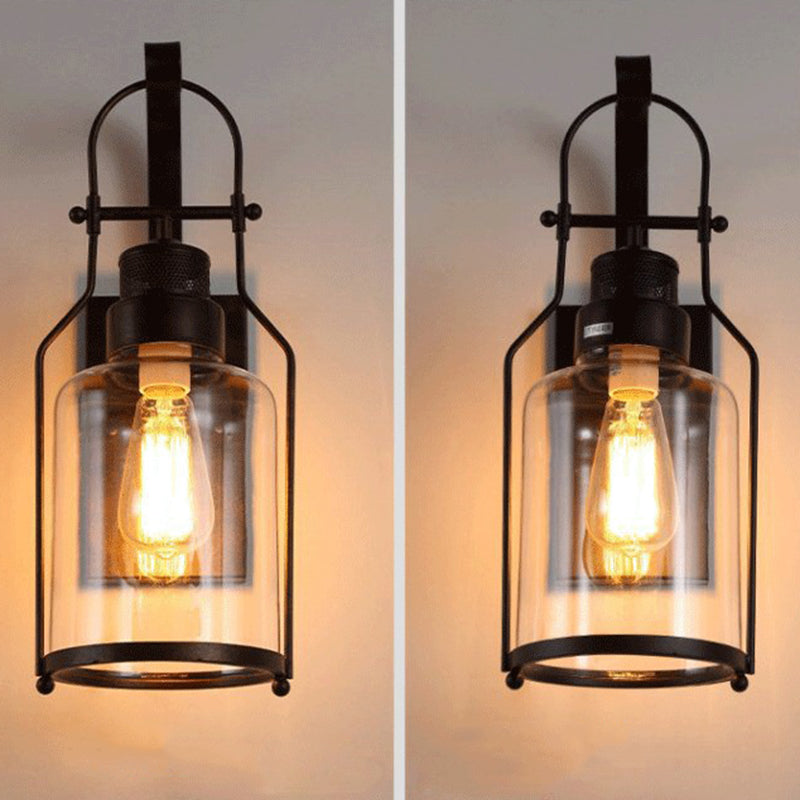 Traditional Rustic Iron Glass Cylinder 1-Light Wall Sconce Lamp For Hallway