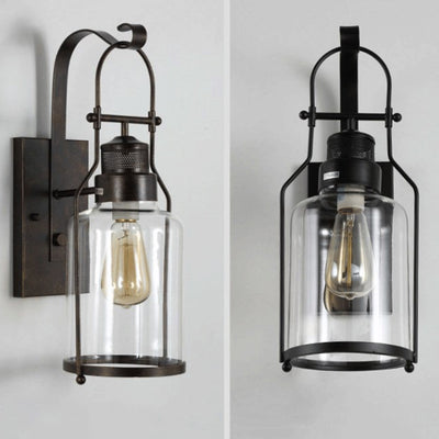 Traditional Rustic Iron Glass Cylinder 1-Light Wall Sconce Lamp For Hallway