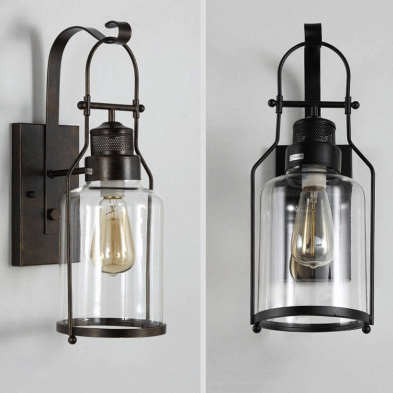 Traditional Rustic Iron Glass Cylinder 1-Light Wall Sconce Lamp For Hallway