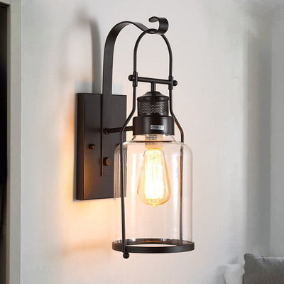 Traditional Rustic Iron Glass Cylinder 1-Light Wall Sconce Lamp For Hallway