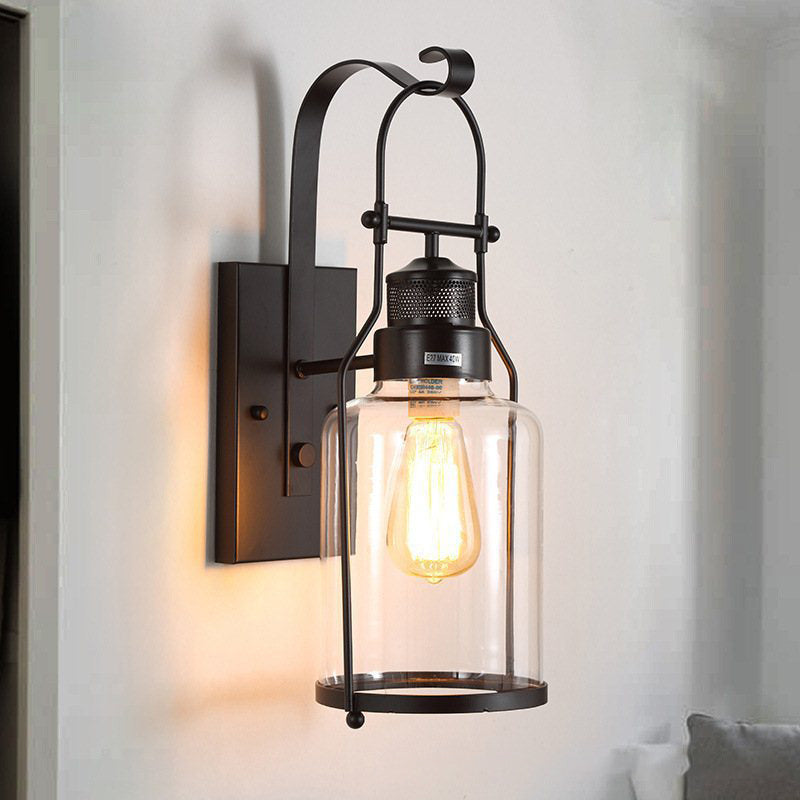Traditional Rustic Iron Glass Cylinder 1-Light Wall Sconce Lamp For Hallway