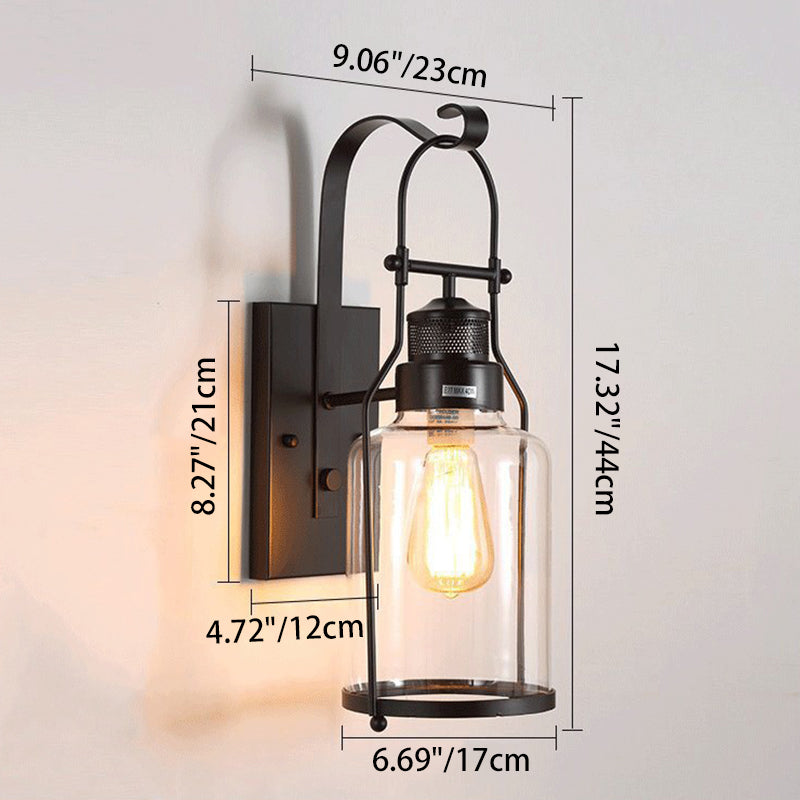 Traditional Rustic Iron Glass Cylinder 1-Light Wall Sconce Lamp For Hallway
