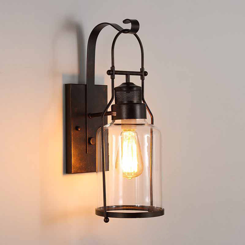 Traditional Rustic Iron Glass Cylinder 1-Light Wall Sconce Lamp For Hallway