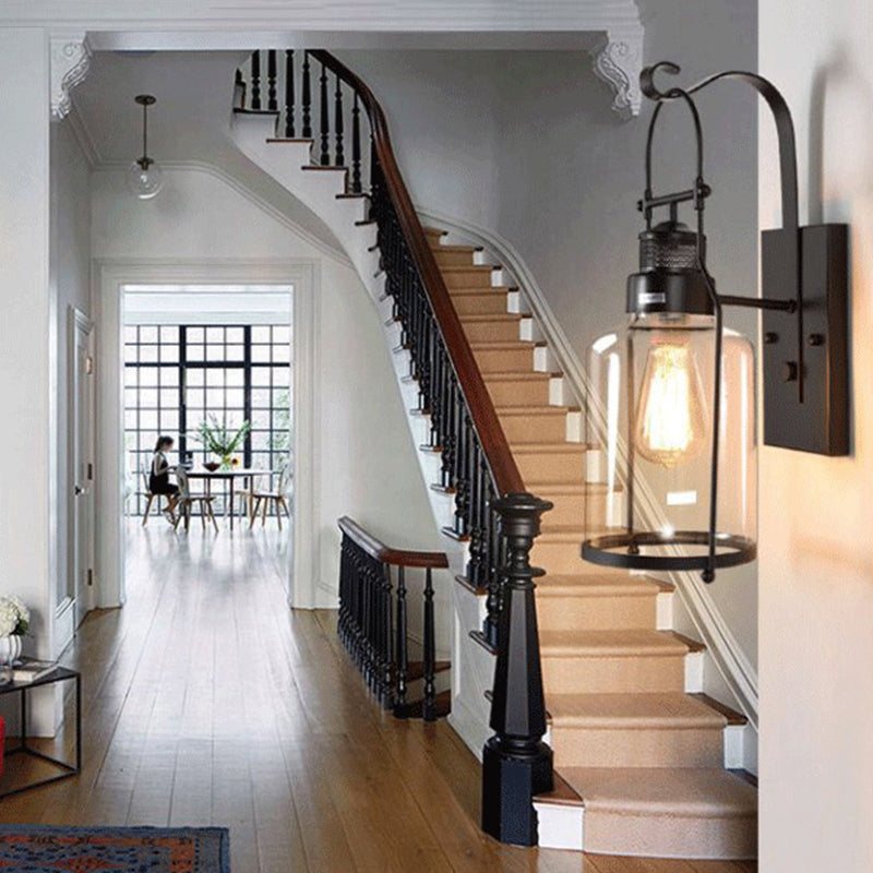 Traditional Rustic Iron Glass Cylinder 1-Light Wall Sconce Lamp For Hallway