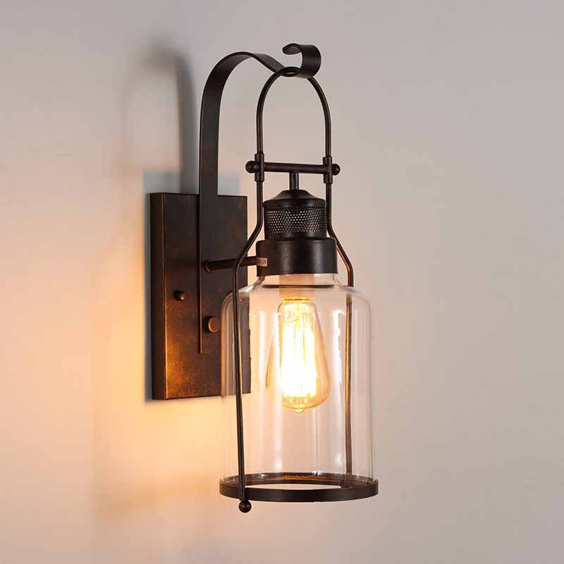 Traditional Rustic Iron Glass Cylinder 1-Light Wall Sconce Lamp For Hallway