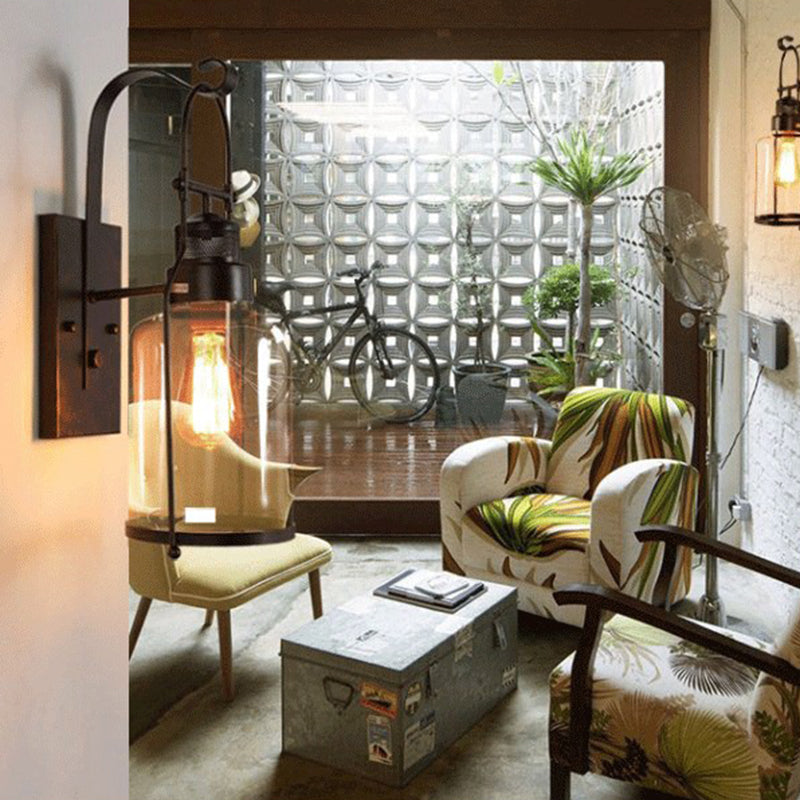 Traditional Rustic Iron Glass Cylinder 1-Light Wall Sconce Lamp For Hallway
