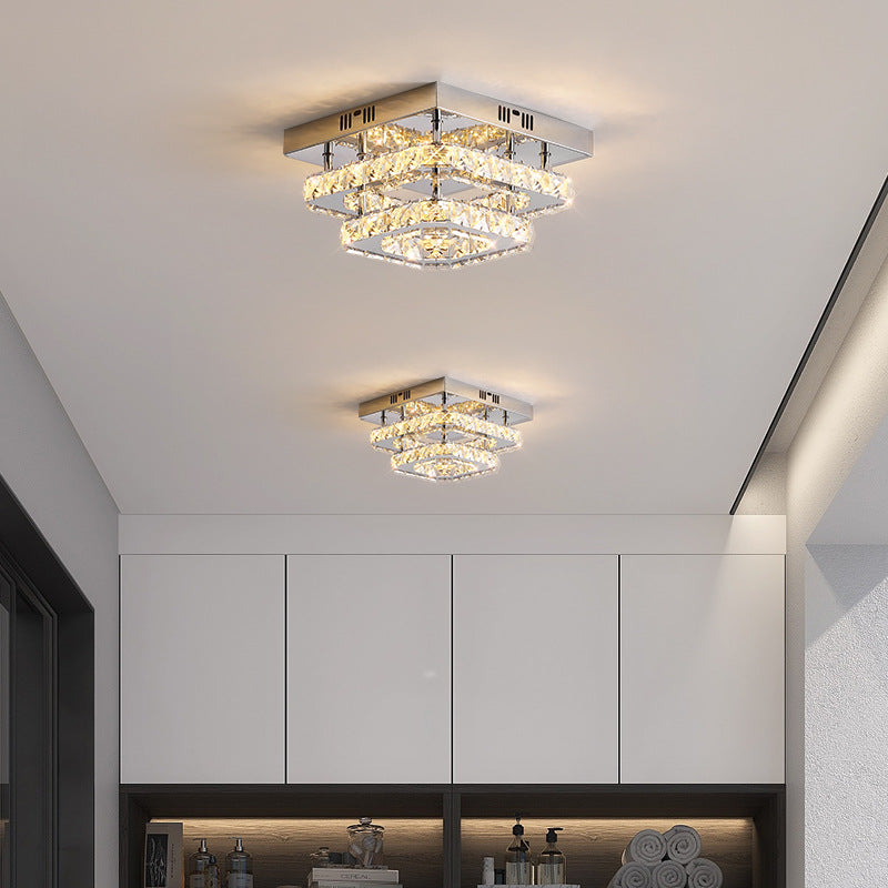 Modern Luxury Stainless Steel Crystal Round LED Semi-Flush Mount Ceiling Light For Hallway