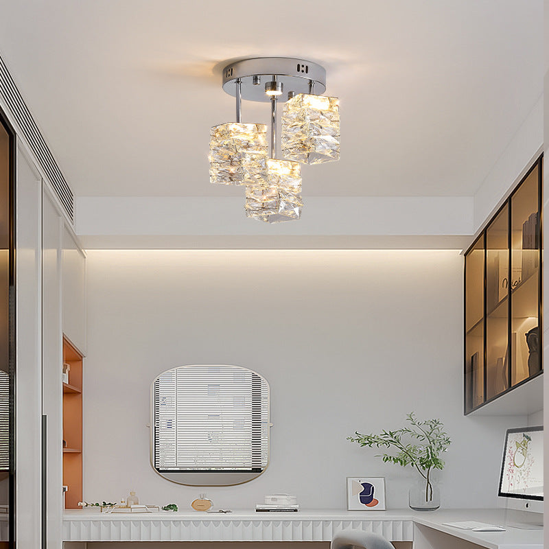 Modern Luxury Stainless Steel Crystal Round LED Semi-Flush Mount Ceiling Light For Hallway