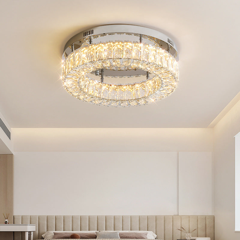 Modern Luxury Stainless Steel Crystal Round LED Semi-Flush Mount Ceiling Light For Hallway