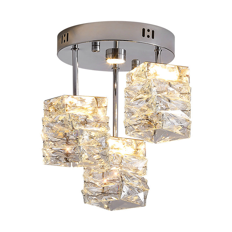 Modern Luxury Stainless Steel Crystal Round LED Semi-Flush Mount Ceiling Light For Hallway