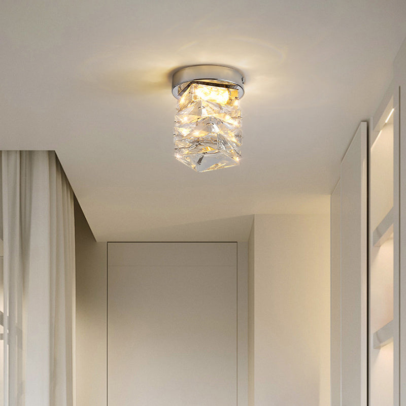 Modern Luxury Stainless Steel Crystal Round LED Semi-Flush Mount Ceiling Light For Hallway