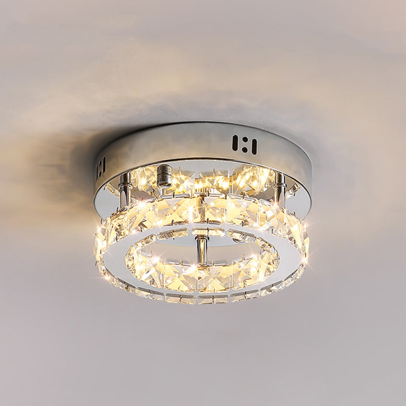 Modern Luxury Stainless Steel Crystal Round LED Semi-Flush Mount Ceiling Light For Hallway
