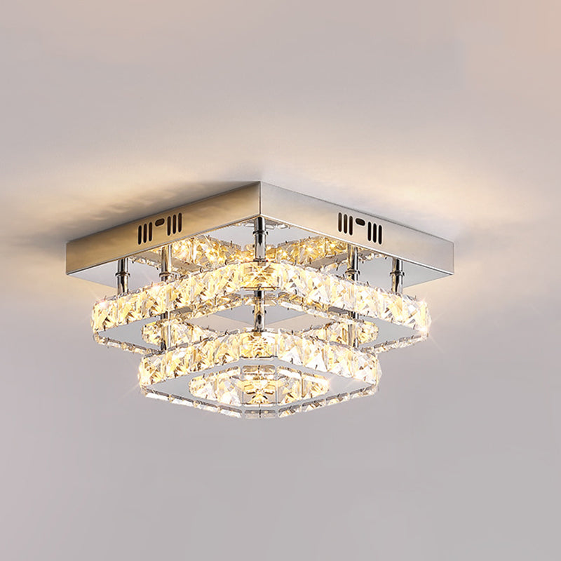 Modern Luxury Stainless Steel Crystal Round LED Semi-Flush Mount Ceiling Light For Hallway