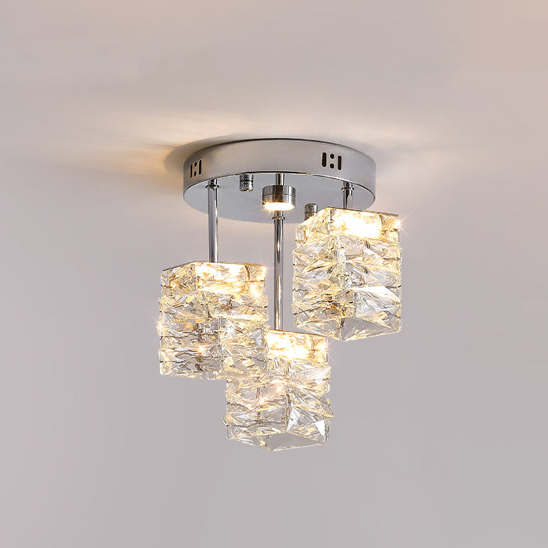 Modern Luxury Stainless Steel Crystal Round LED Semi-Flush Mount Ceiling Light For Hallway