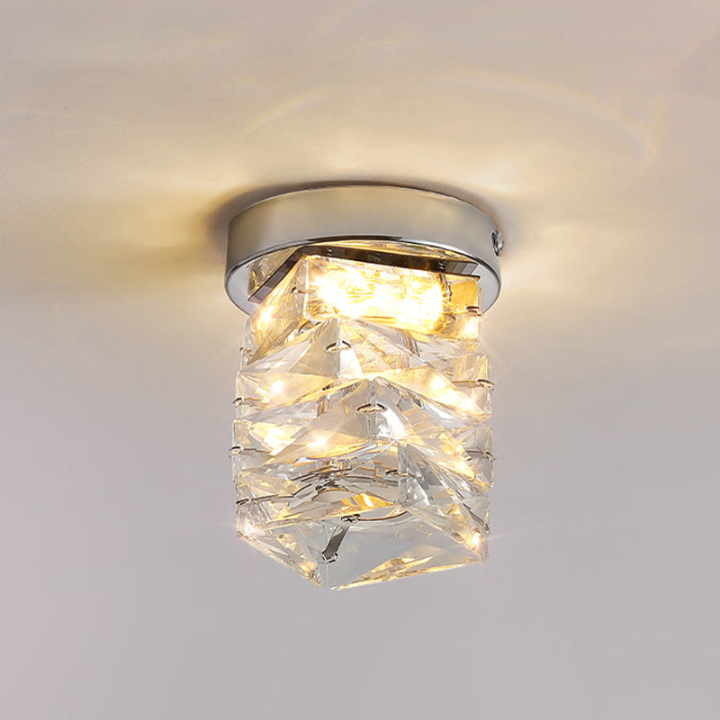 Modern Luxury Stainless Steel Crystal Round LED Semi-Flush Mount Ceiling Light For Hallway