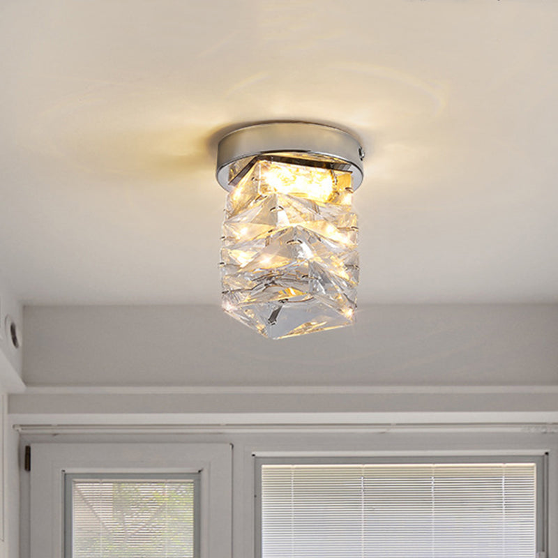Modern Luxury Stainless Steel Crystal Round LED Semi-Flush Mount Ceiling Light For Hallway