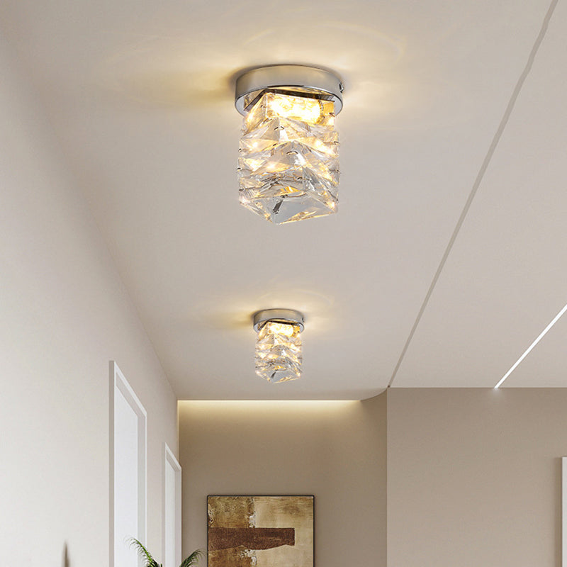 Modern Luxury Stainless Steel Crystal Round LED Semi-Flush Mount Ceiling Light For Hallway