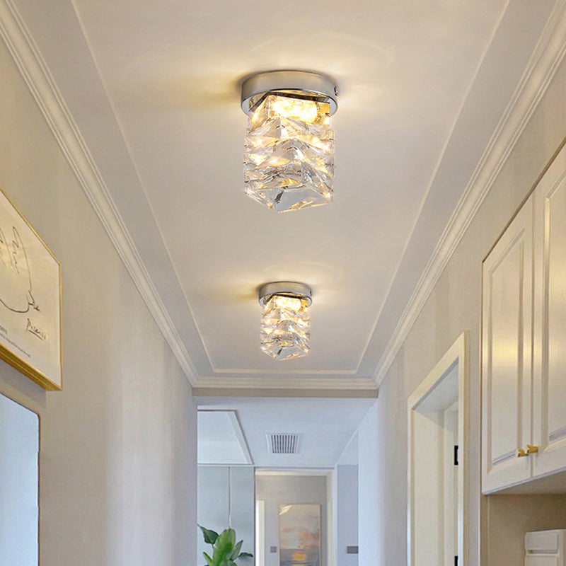Modern Luxury Stainless Steel Crystal Round LED Semi-Flush Mount Ceiling Light For Hallway