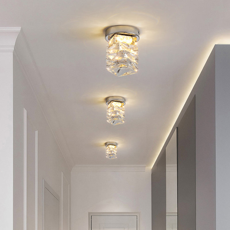 Modern Luxury Stainless Steel Crystal Round LED Semi-Flush Mount Ceiling Light For Hallway