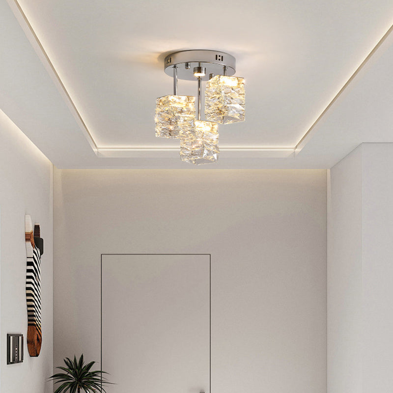 Modern Luxury Stainless Steel Crystal Round LED Semi-Flush Mount Ceiling Light For Hallway
