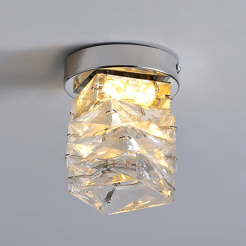 Modern Luxury Stainless Steel Crystal Round LED Semi-Flush Mount Ceiling Light For Hallway