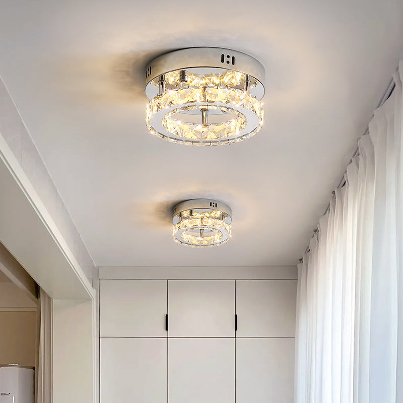 Modern Luxury Stainless Steel Crystal Round LED Semi-Flush Mount Ceiling Light For Hallway
