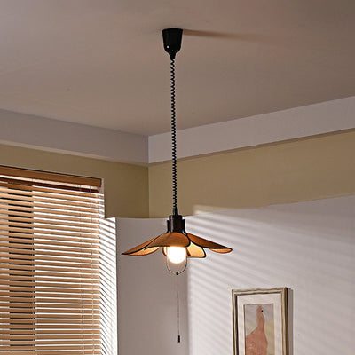 Contemporary Retro Wood Iron Flax Liftable Fan 1-Light Pendant Light For Dining Room