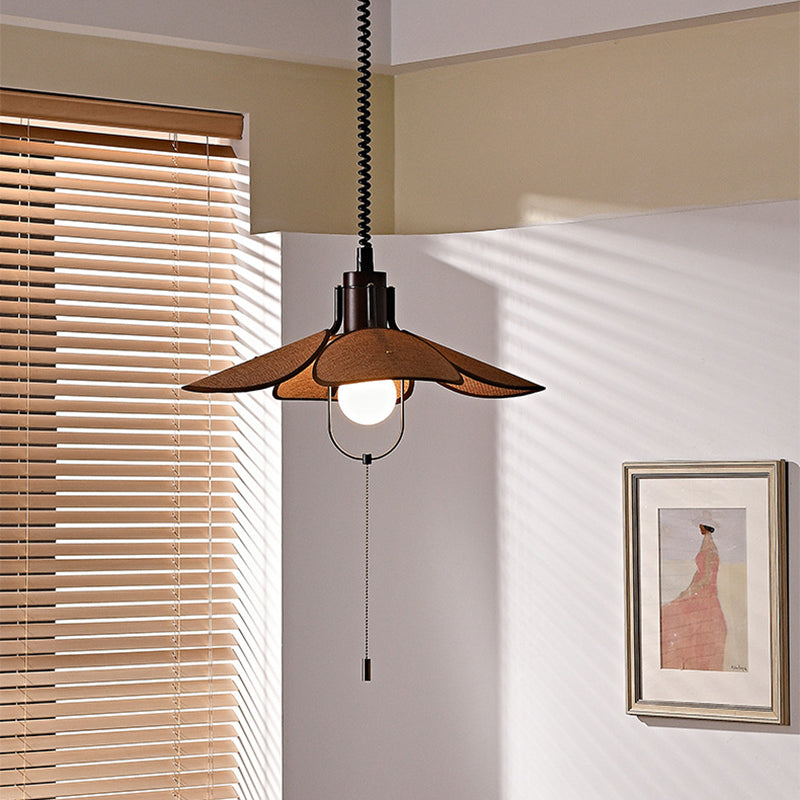 Contemporary Retro Wood Iron Flax Liftable Fan 1-Light Pendant Light For Dining Room