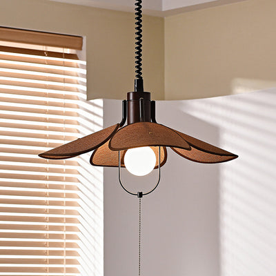 Contemporary Retro Wood Iron Flax Liftable Fan 1-Light Pendant Light For Dining Room