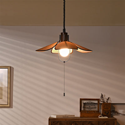 Contemporary Retro Wood Iron Flax Liftable Fan 1-Light Pendant Light For Dining Room