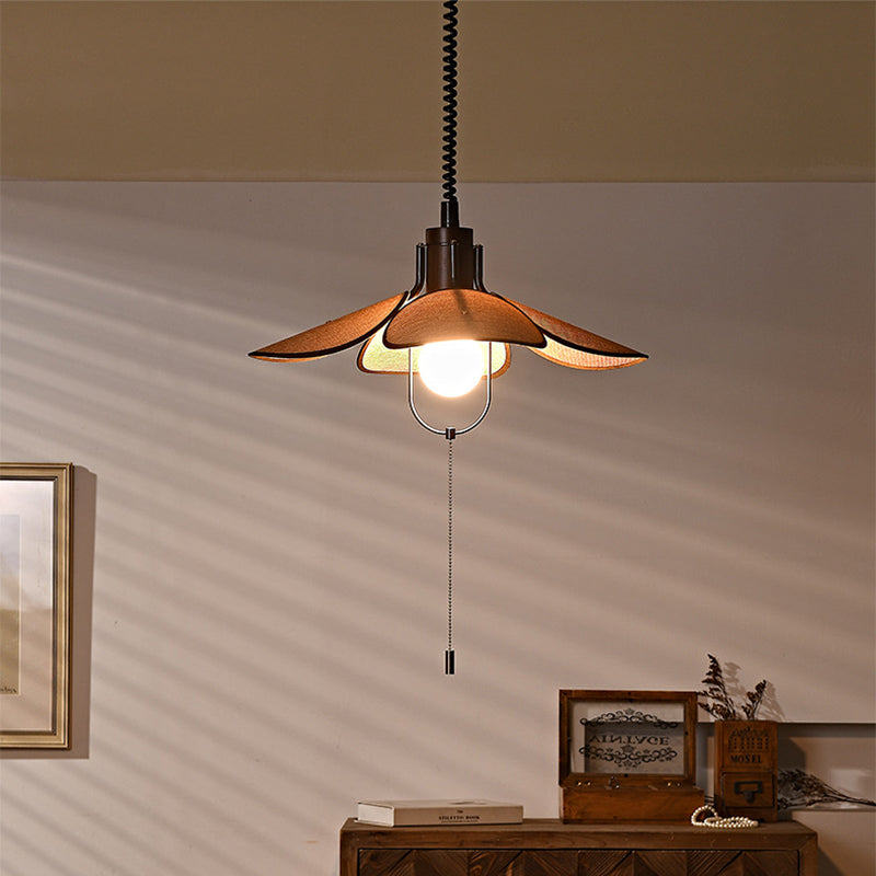 Contemporary Retro Wood Iron Flax Liftable Fan 1-Light Pendant Light For Dining Room