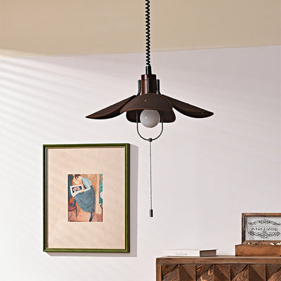 Contemporary Retro Wood Iron Flax Liftable Fan 1-Light Pendant Light For Dining Room