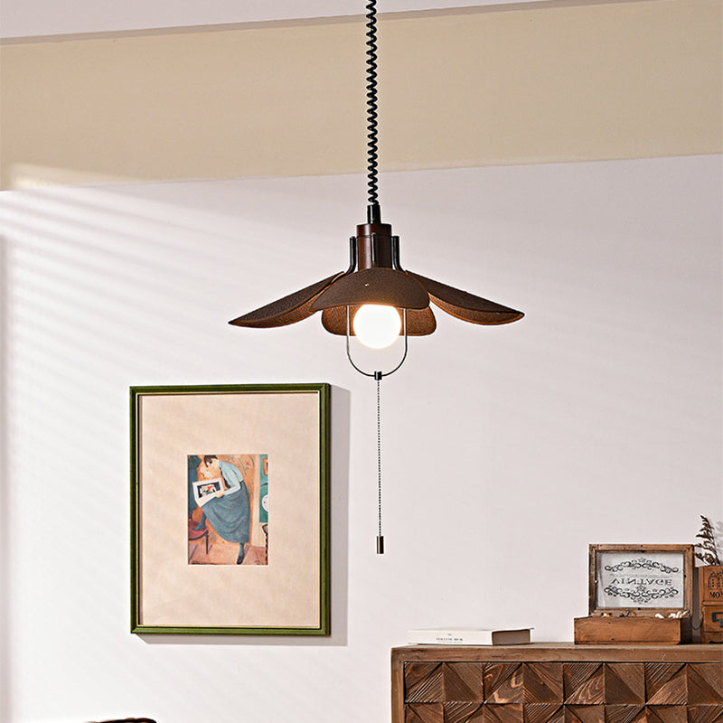Contemporary Retro Wood Iron Flax Liftable Fan 1-Light Pendant Light For Dining Room