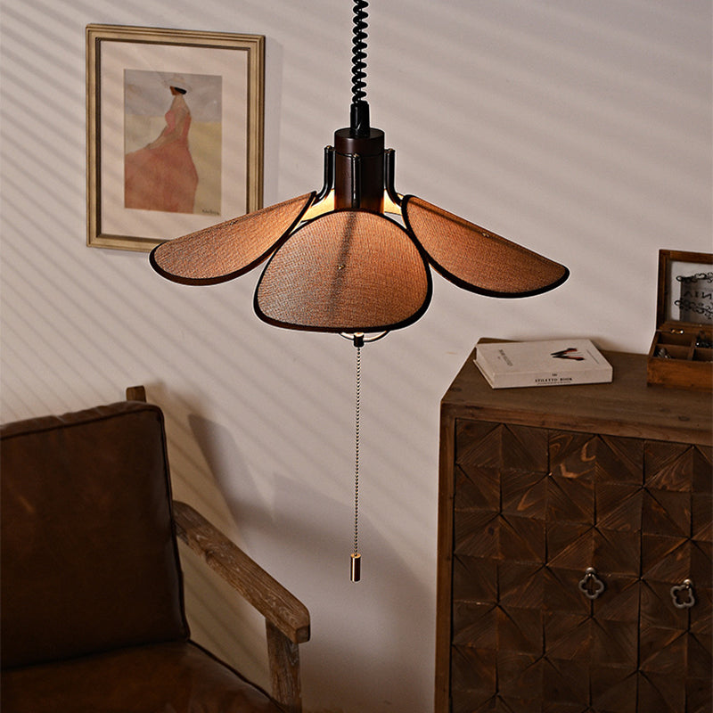Contemporary Retro Wood Iron Flax Liftable Fan 1-Light Pendant Light For Dining Room