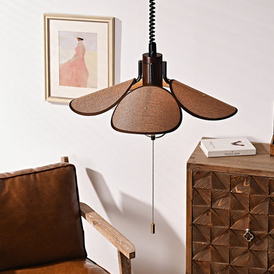Contemporary Retro Wood Iron Flax Liftable Fan 1-Light Pendant Light For Dining Room
