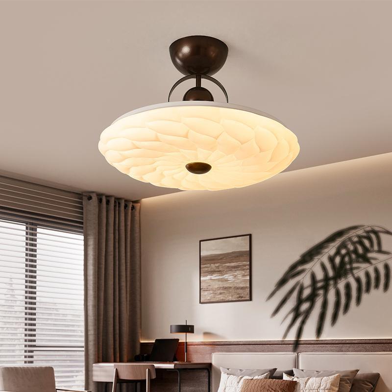 Contemporary Retro Iron PVC Pattern Round LED Semi-Flush Mount Ceiling Light For Bedroom