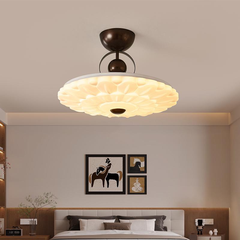 Contemporary Retro Iron PVC Pattern Round LED Semi-Flush Mount Ceiling Light For Bedroom