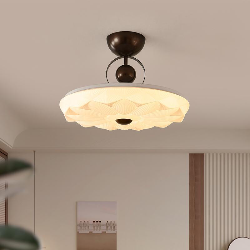 Contemporary Retro Iron PVC Pattern Round LED Semi-Flush Mount Ceiling Light For Bedroom