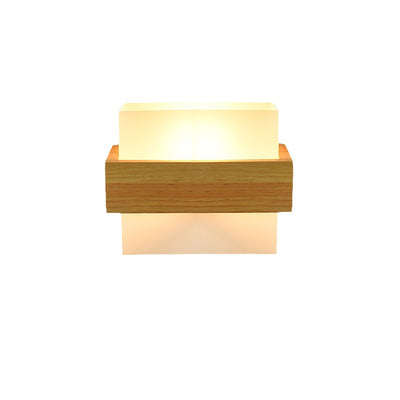 Modern Minimalist Wood Glass Square 1-Light Wall Sconce Lamp For Bedroom
