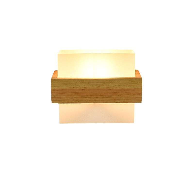 Modern Minimalist Wood Glass Square 1-Light Wall Sconce Lamp For Bedroom