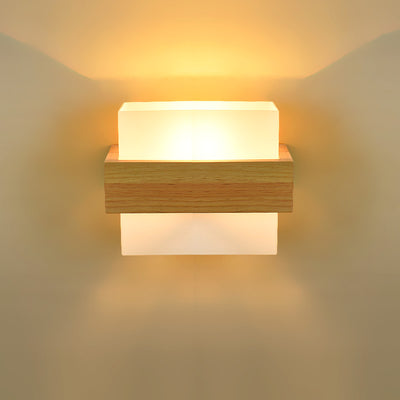 Modern Minimalist Wood Glass Square 1-Light Wall Sconce Lamp For Bedroom