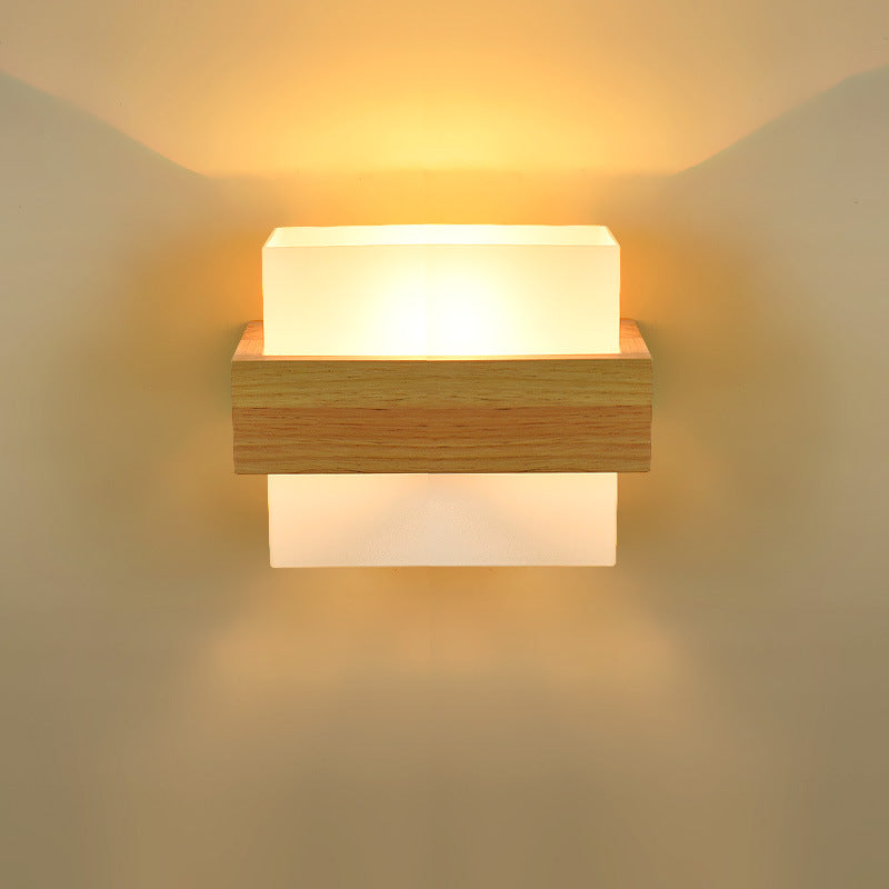 Modern Minimalist Wood Glass Square 1-Light Wall Sconce Lamp For Bedroom