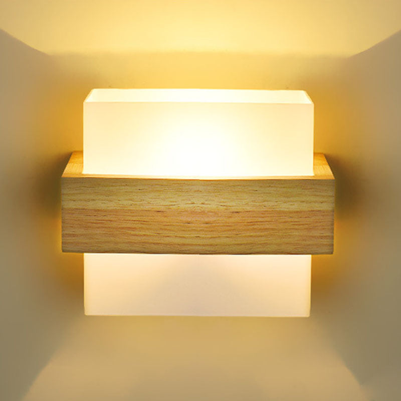 Lampe murale carrée en bois et verre minimaliste moderne à 1 lumière pour chambre 