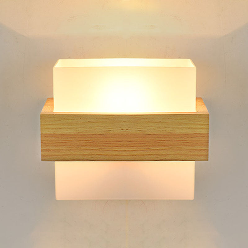 Modern Minimalist Wood Glass Square 1-Light Wall Sconce Lamp For Bedroom