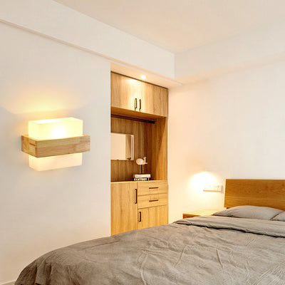 Modern Minimalist Wood Glass Square 1-Light Wall Sconce Lamp For Bedroom