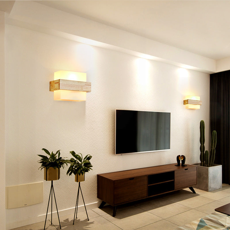 Modern Minimalist Wood Glass Square 1-Light Wall Sconce Lamp For Bedroom