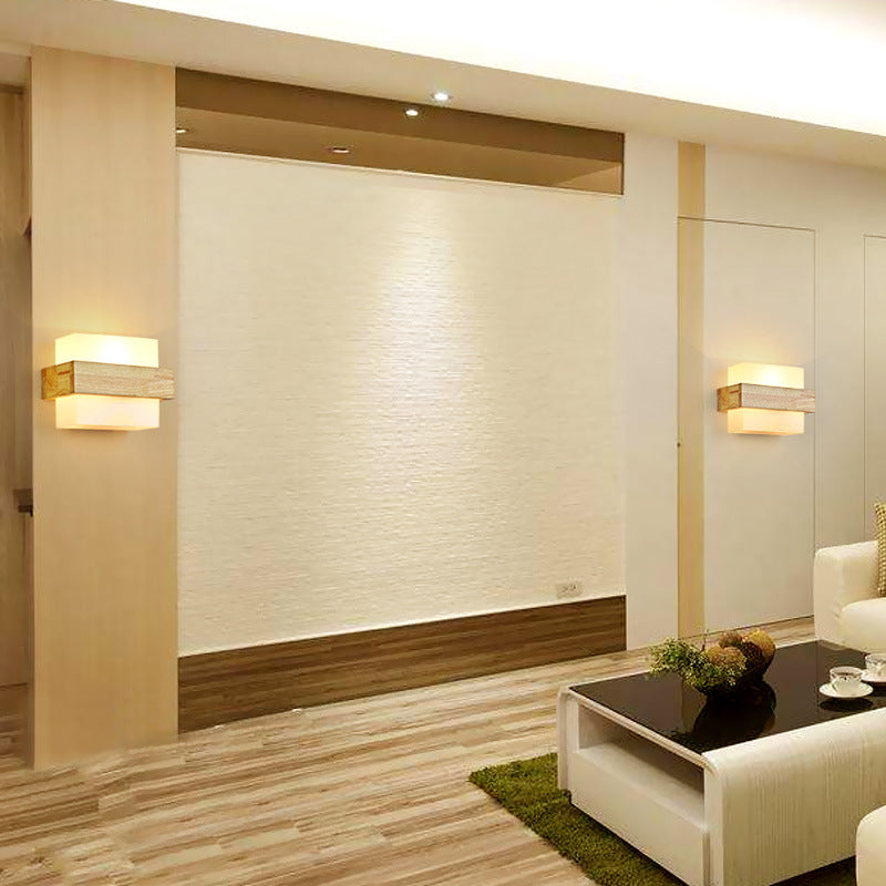 Modern Minimalist Wood Glass Square 1-Light Wall Sconce Lamp For Bedroom