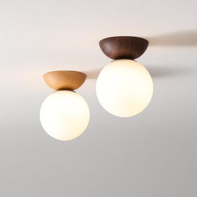 Traditional Japanese Iron Wood Glass Round 1-Light Semi-Flush Mount Ceiling Light For Hallway