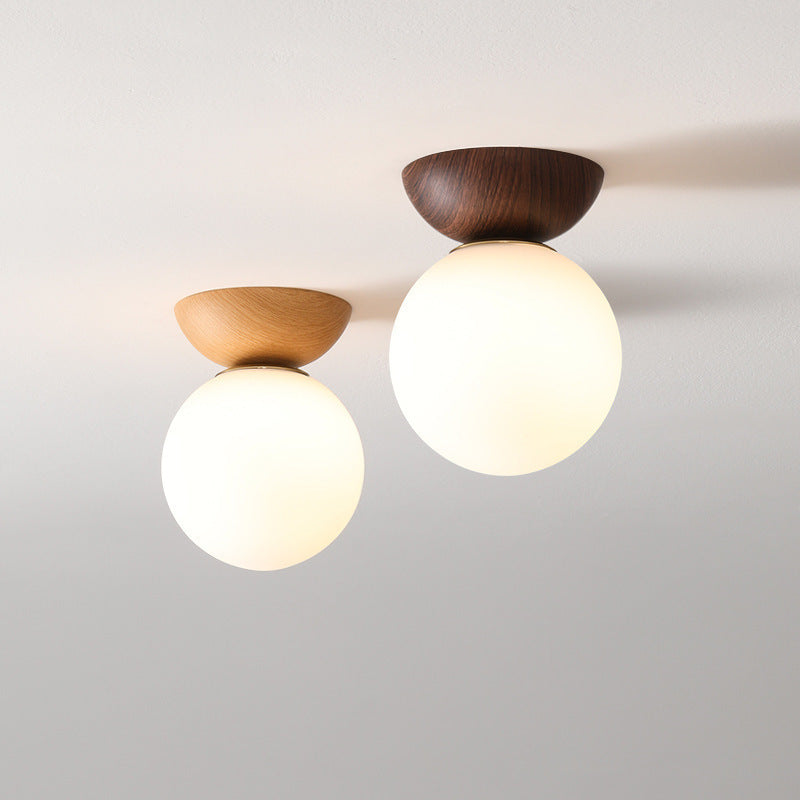 Traditional Japanese Iron Wood Glass Round 1-Light Semi-Flush Mount Ceiling Light For Hallway