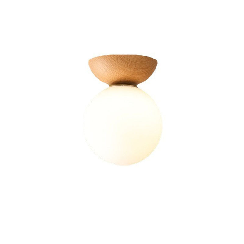 Traditional Japanese Iron Wood Glass Round 1-Light Semi-Flush Mount Ceiling Light For Hallway